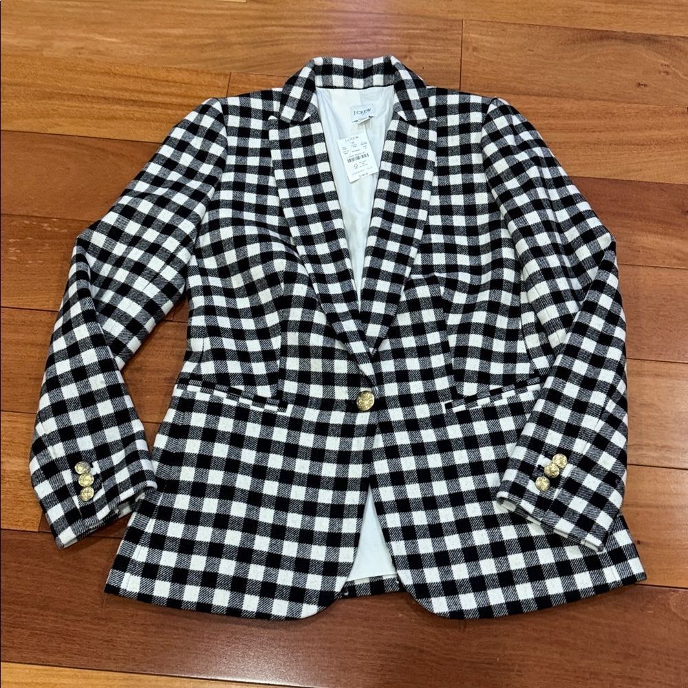 NWT J.Crew Blazer Womens Black White Gingham Wool Blend Goldβ Button BB394 2